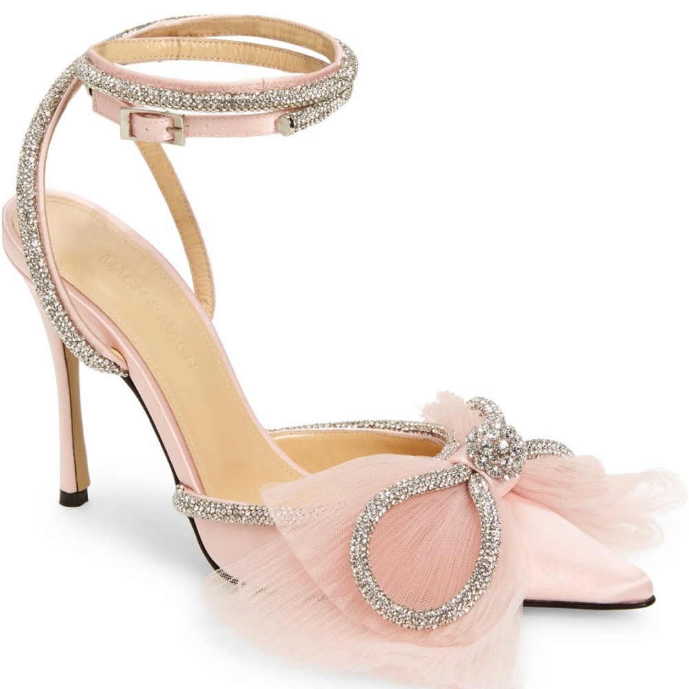 Stunning Mach & Mach Pink Satin Double Crystals Bow Heels Size 37